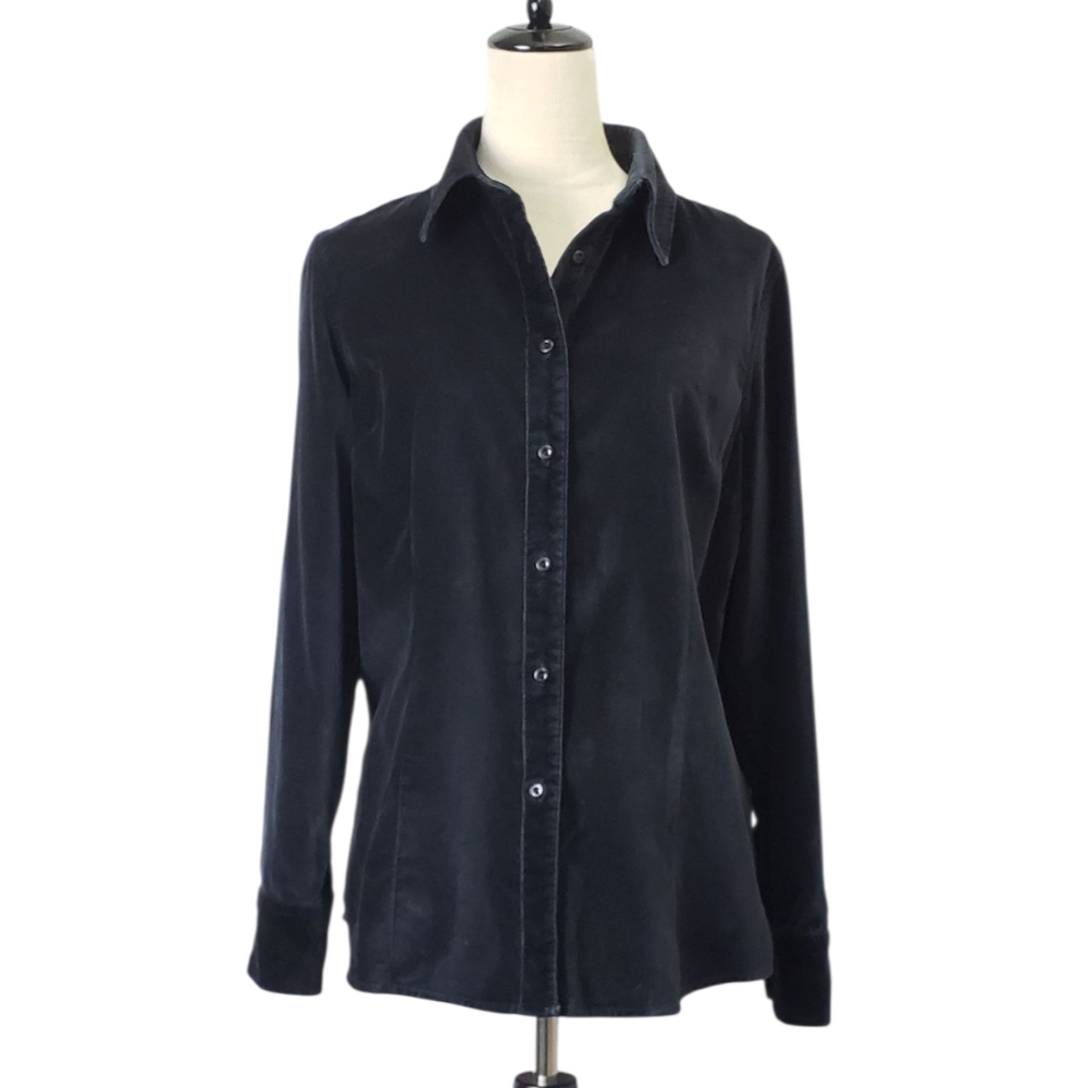 L. L. Bean Black Velvet Blouse Sz M Button Front Minimalist Capsule Wardrobe